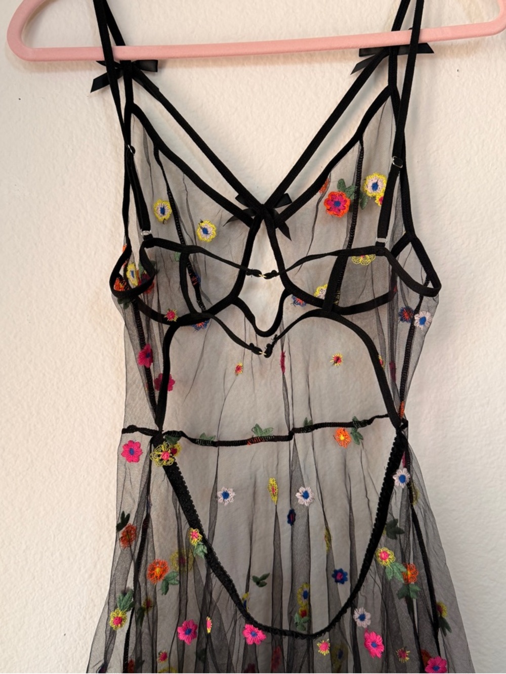 Sheer Black Floral Embroidered Babydoll Dress Lingerie Mesh Fairy Coquette XL - Picture 11 of 12